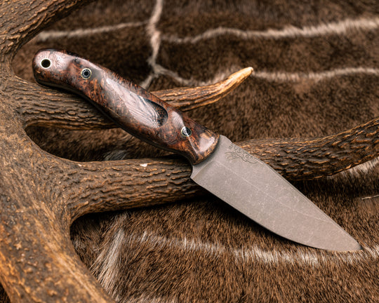 Crow Jr- Chechen Caribbean Rosewood, Dinosaur Bone Cabochon Inlay, Mosaic Pins, Brass Lanyard Pin, Textured Grip