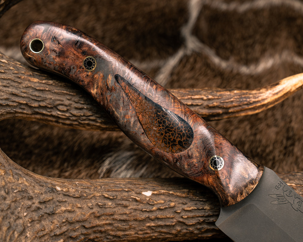 Crow Jr- Chechen Caribbean Rosewood, Dinosaur Bone Cabochon Inlay, Mosaic Pins, Brass Lanyard Pin, Textured Grip