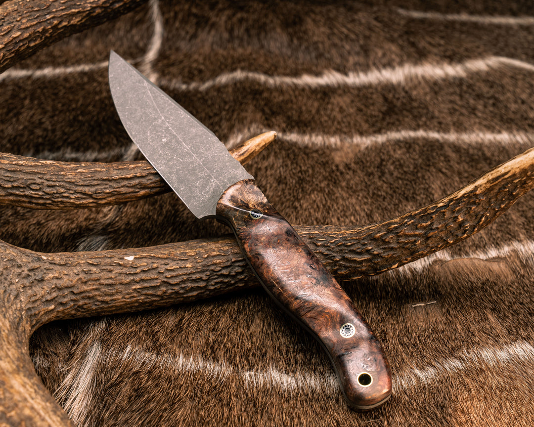 Crow Jr- Chechen Caribbean Rosewood, Dinosaur Bone Cabochon Inlay, Mosaic Pins, Brass Lanyard Pin, Textured Grip