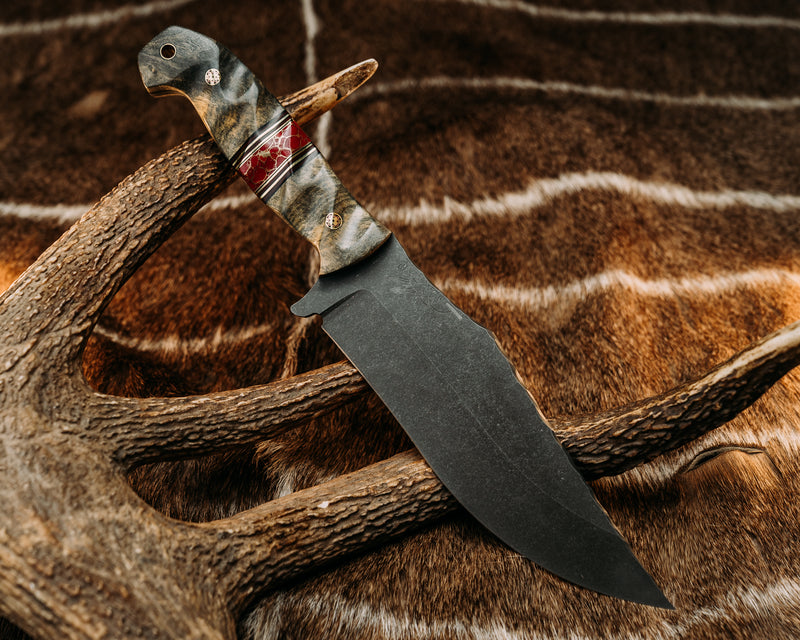 American Bowie Jr.- Buckeye Burl, Black G10, Red G10 and Brass Pin Striping, Red with Gold Web Tru-stone Split, Mosaic Pins, Brass Lanyard Pin, Textured Grip