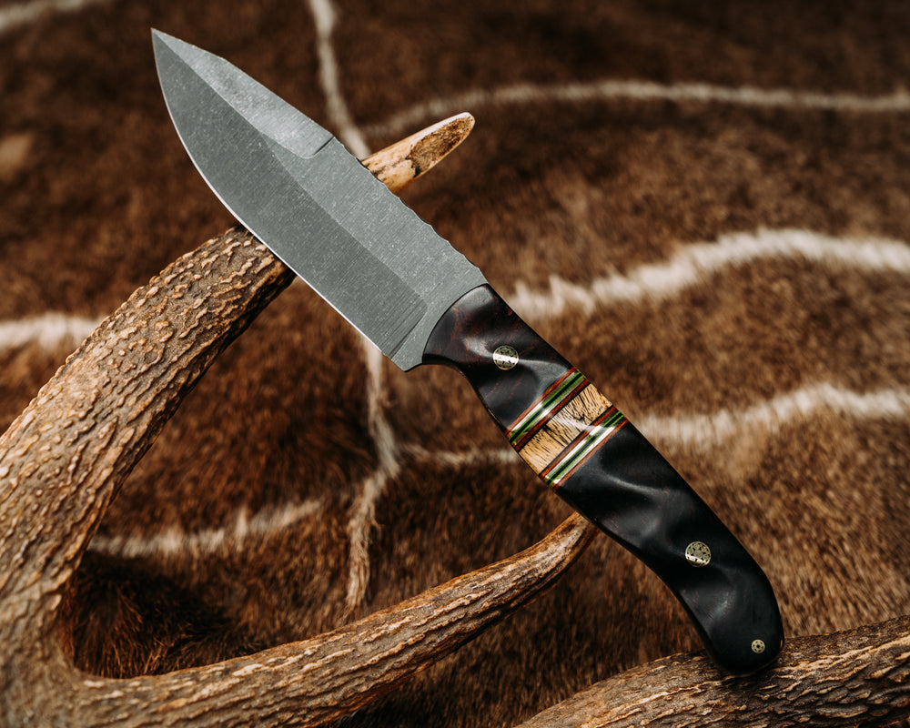 Hog Hunt - Desert Ironwood, Natural Canvas Micarta, Brass, Acid Green G10 and Black G10 Pin Striping, Spalted Maple Split, Mosaic Pins, Brass Lanyard Pin, Textured Grip