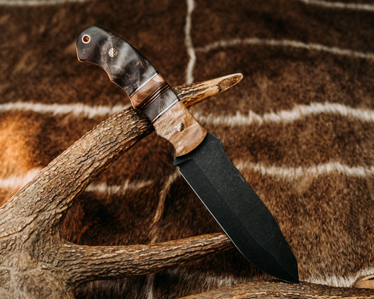 Disaster Breacher- Hawaiian Curly Koa, Black G10 and Copper Pin Striping, Dyed Maple and Maple Split, Dyed Maple, Mosaic Pins, Copper Lanyard Pin, Textured Grip