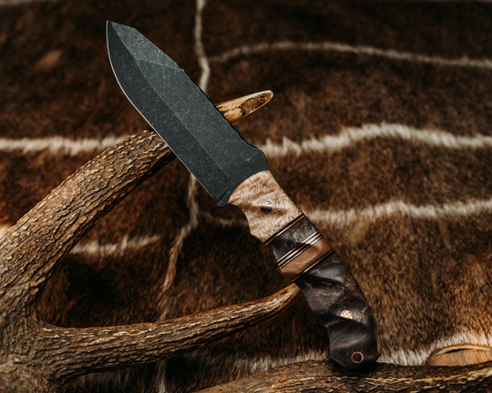 Disaster Breacher- Hawaiian Curly Koa, Black G10 and Copper Pin Striping, Dyed Maple and Maple Split, Dyed Maple, Mosaic Pins, Copper Lanyard Pin, Textured Grip