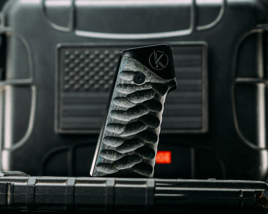 HFB x Kinetic AR Grip System -  Green Dark Matter Carbon on Blue Lava Flow Carbon Fiber, Black  Anodization, Snake Grip.