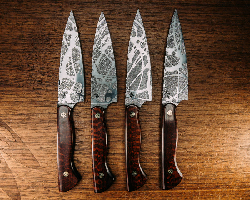 Steak Knife Set (4 Pc) - Snakewood, Mosaic Pins, Smooth Grip.
