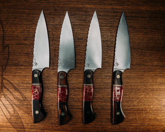 Steak Knife Set (4 Pc) - Desert Ironwood, Black & Red G10 w/ Brass Pin Striping, Bloody Basin Tru Stone Split, Mosaic Pins, Smooth Grip.