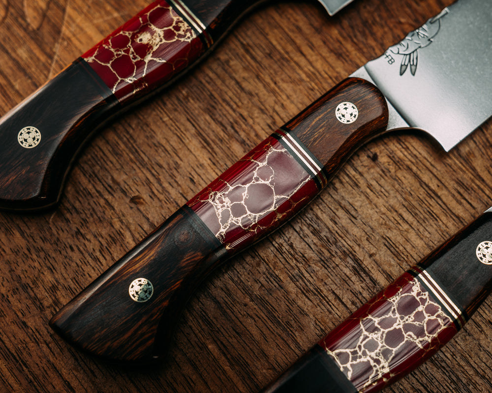 Steak Knife Set (4 Pc) - Desert Ironwood, Black & Red G10 w/ Brass Pin Striping, Bloody Basin Tru Stone Split, Mosaic Pins, Smooth Grip.