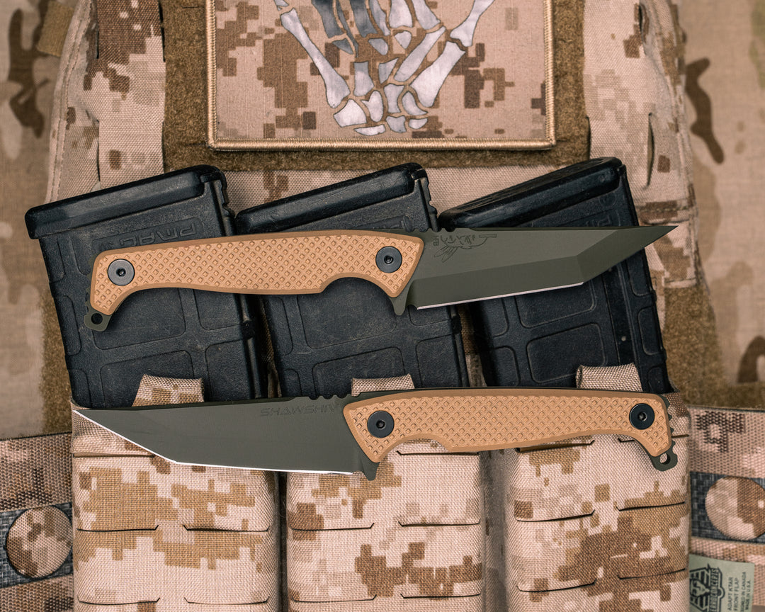 SHAW SHIV x HFB- Coyote Tan G10, OD Green Cerakote, Black Allen Bolts, Knurling Grip