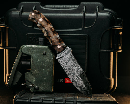 Disaster Jr Gen 3- Old Stock Damascus- Honduran Mahogany, Mosaic Pins, Textured Grip