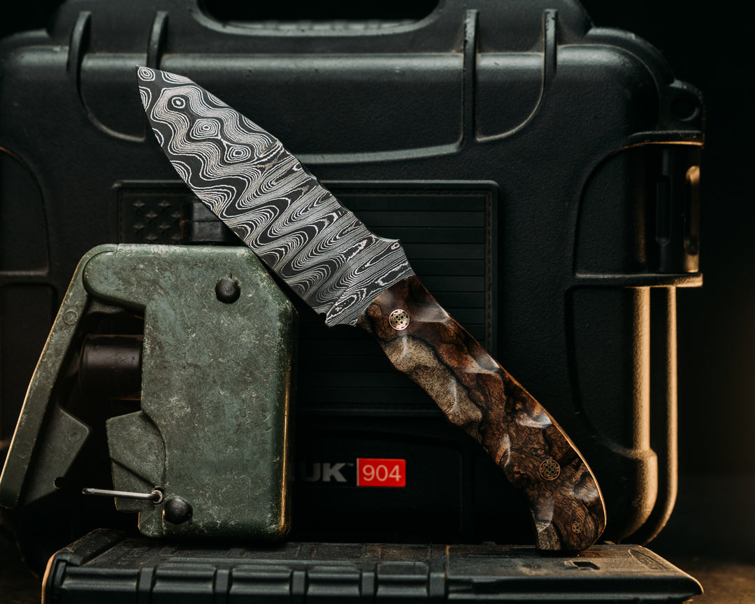 Disaster Jr Gen 3- Old Stock Damascus- Honduran Mahogany, Mosaic Pins, Textured Grip