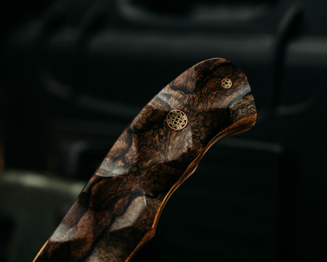 Disaster Jr Gen 3- Old Stock Damascus- Honduran Mahogany, Mosaic Pins, Textured Grip