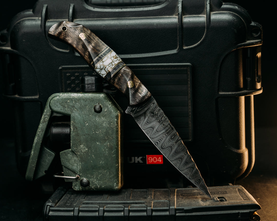 Ryu- Old Stock Damascus- Dyed Hawaiian Curly Mango, Black G10 and Brass Pin Striping, Dyed Maple and White with Gold Web Tru-stone Split, Mosaic Pins, Brass Lanyard Pin, Textured Grip