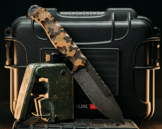 Hog Hunt- WWII German Oak Leaf Autumn Camouflage Micarta, Brown Micarta Pins, Textured Grip