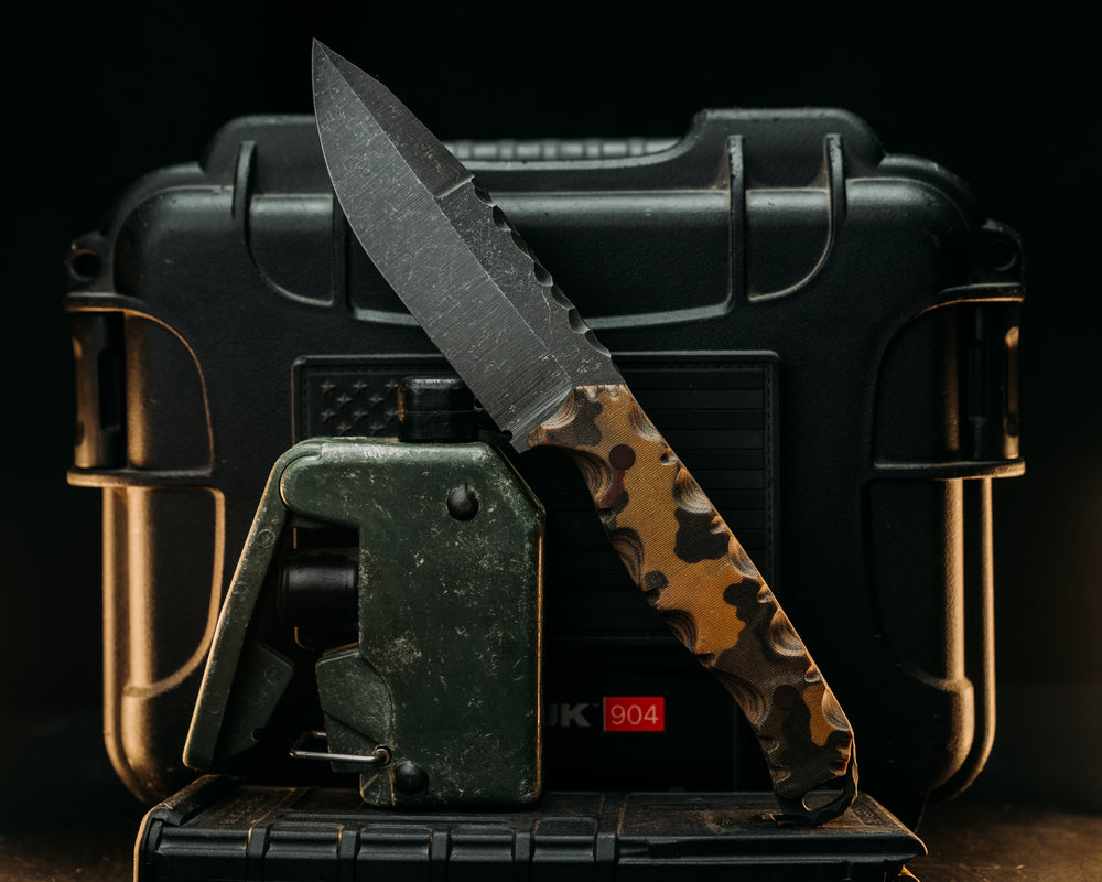 Hog Hunt- WWII German Oak Leaf Autumn Camouflage Micarta, Brown Micarta Pins, Textured Grip