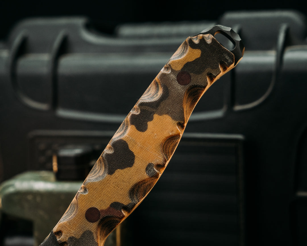 Hog Hunt- WWII German Oak Leaf Autumn Camouflage Micarta, Brown Micarta Pins, Textured Grip