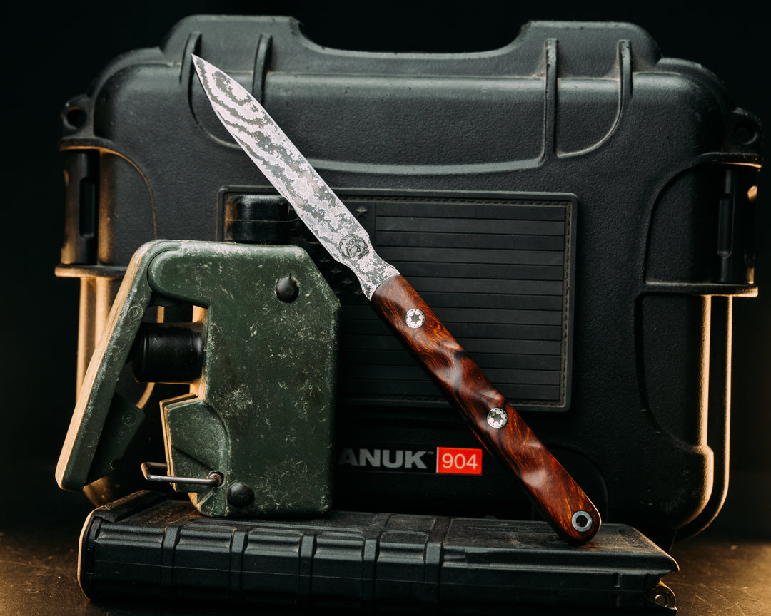 OSS Spike- Random Pattern Damascus- Desert Ironwood, Mosaic Pins, Textured Grip