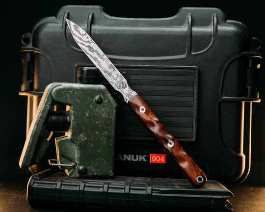 OSS Spike- Random Pattern Damascus- Desert Ironwood, Mosaic Pins, Textured Grip
