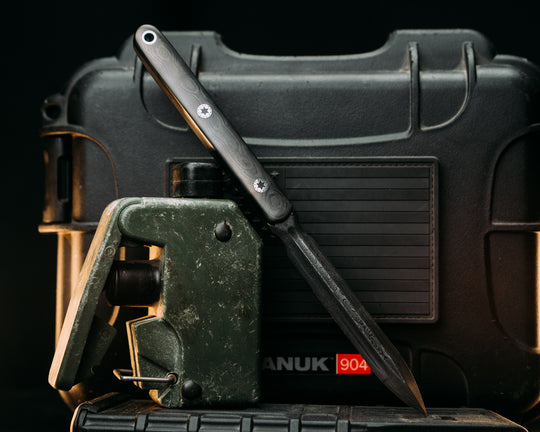 OSS Spike- Baker Forge Randrop Damascus- Black Dunes Carbon Fiber, Mosaic Pins, Smooth Grip