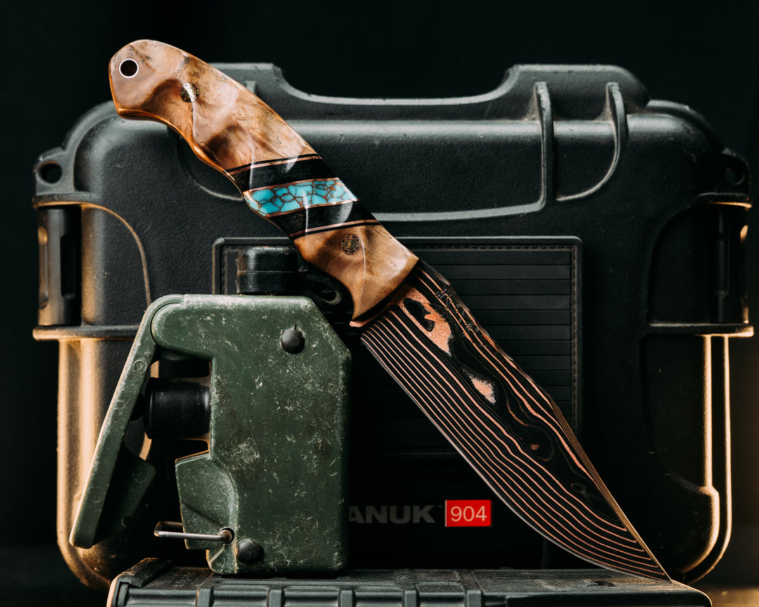 Crow Scout- Vegas Forge CopperMai Ni-shim Wavy- Curly Maple, Black G10 and Copper Pin Striping, Black Canvas Micarta and Turquoise with Copper Web Tru-stone Split, Mosaic Pins, Copper Lanyard Pin, Textured Grip