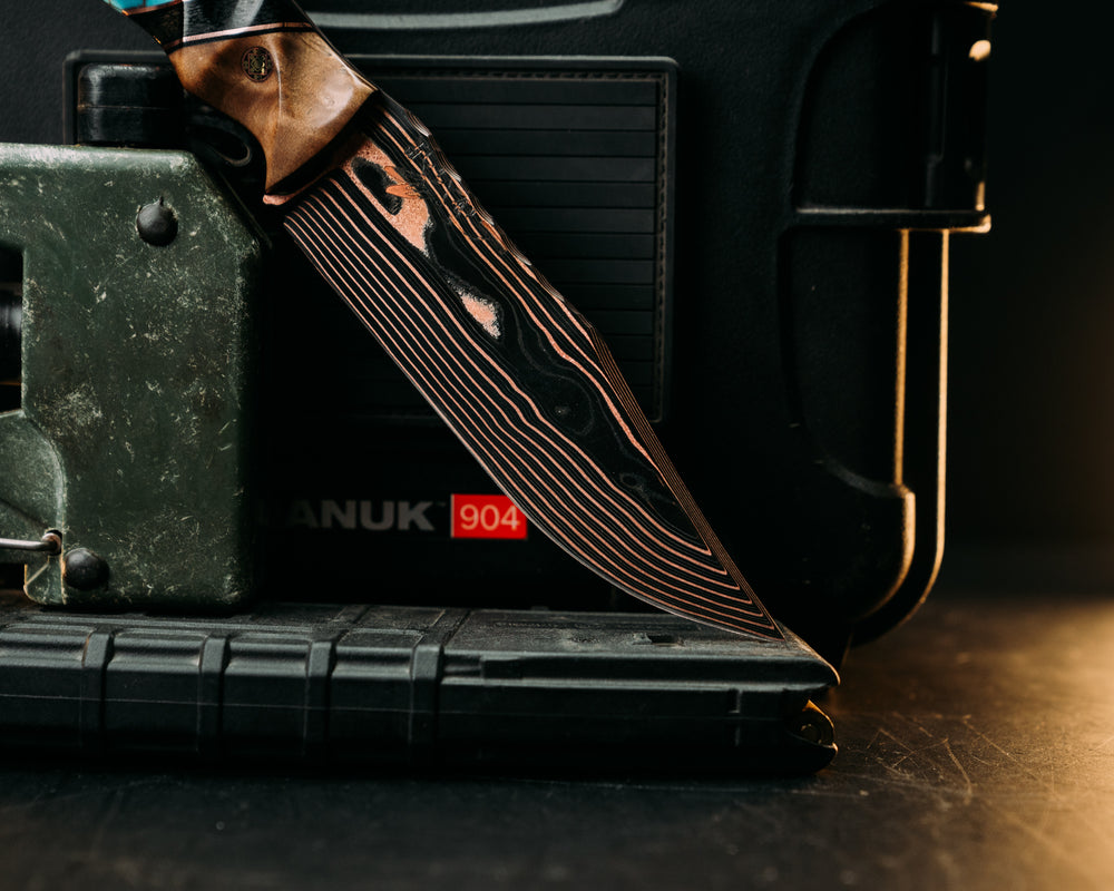Crow Scout- Vegas Forge CopperMai Ni-shim Wavy- Curly Maple, Black G10 and Copper Pin Striping, Black Canvas Micarta and Turquoise with Copper Web Tru-stone Split, Mosaic Pins, Copper Lanyard Pin, Textured Grip
