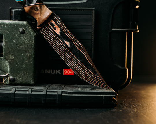 Crow Scout- Vegas Forge CopperMai Ni-shim Wavy- Curly Maple, Black G10 and Copper Pin Striping, Black Canvas Micarta and Turquoise with Copper Web Tru-stone Split, Mosaic Pins, Copper Lanyard Pin, Textured Grip