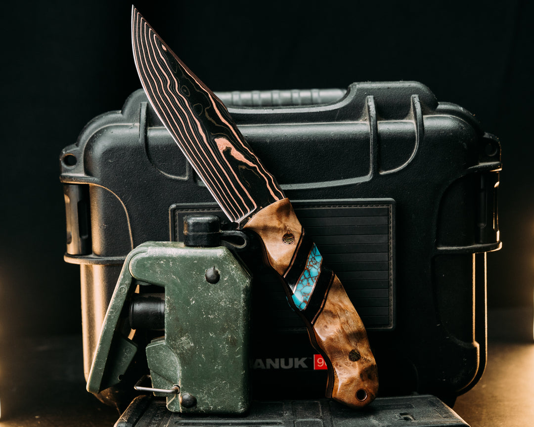 Crow Scout- Vegas Forge CopperMai Ni-shim Wavy- Curly Maple, Black G10 and Copper Pin Striping, Black Canvas Micarta and Turquoise with Copper Web Tru-stone Split, Mosaic Pins, Copper Lanyard Pin, Textured Grip