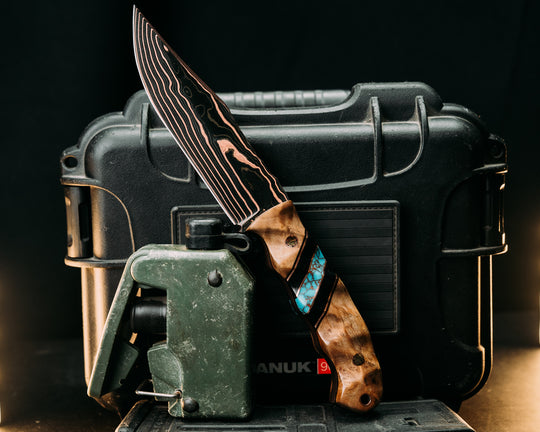 Crow Scout- Vegas Forge CopperMai Ni-shim Wavy- Curly Maple, Black G10 and Copper Pin Striping, Black Canvas Micarta and Turquoise with Copper Web Tru-stone Split, Mosaic Pins, Copper Lanyard Pin, Textured Grip