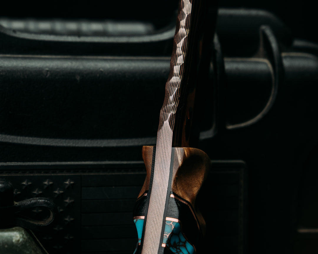 Crow Scout- Vegas Forge CopperMai Ni-shim Wavy- Curly Maple, Black G10 and Copper Pin Striping, Black Canvas Micarta and Turquoise with Copper Web Tru-stone Split, Mosaic Pins, Copper Lanyard Pin, Textured Grip