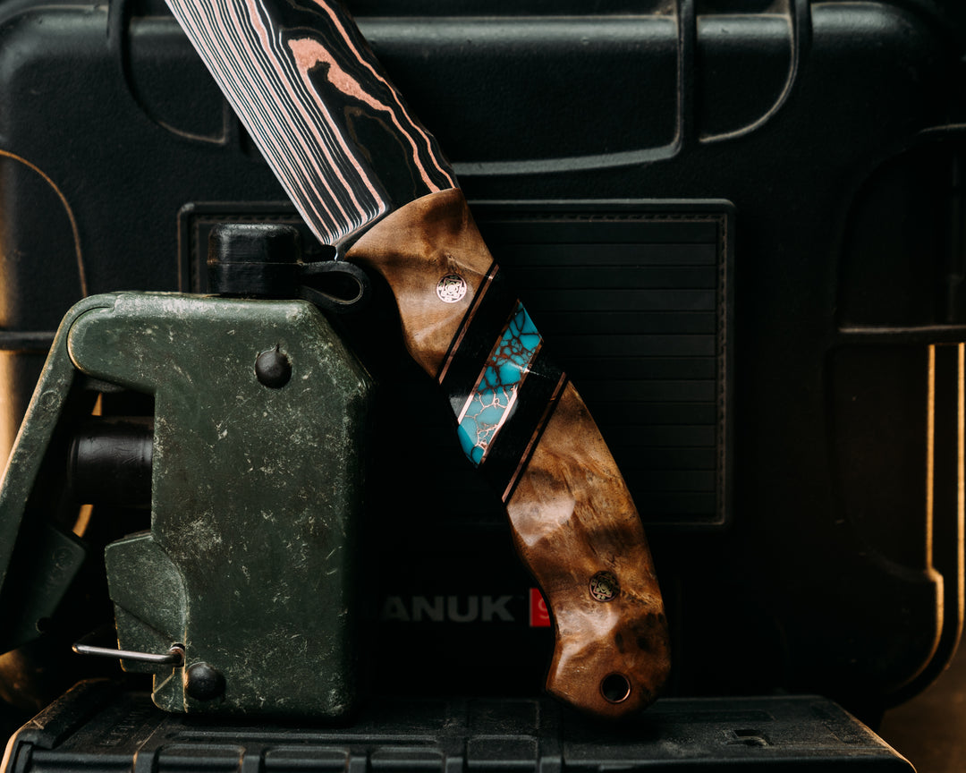 Crow Scout- Vegas Forge CopperMai Ni-shim Wavy- Curly Maple, Black G10 and Copper Pin Striping, Black Canvas Micarta and Turquoise with Copper Web Tru-stone Split, Mosaic Pins, Copper Lanyard Pin, Textured Grip