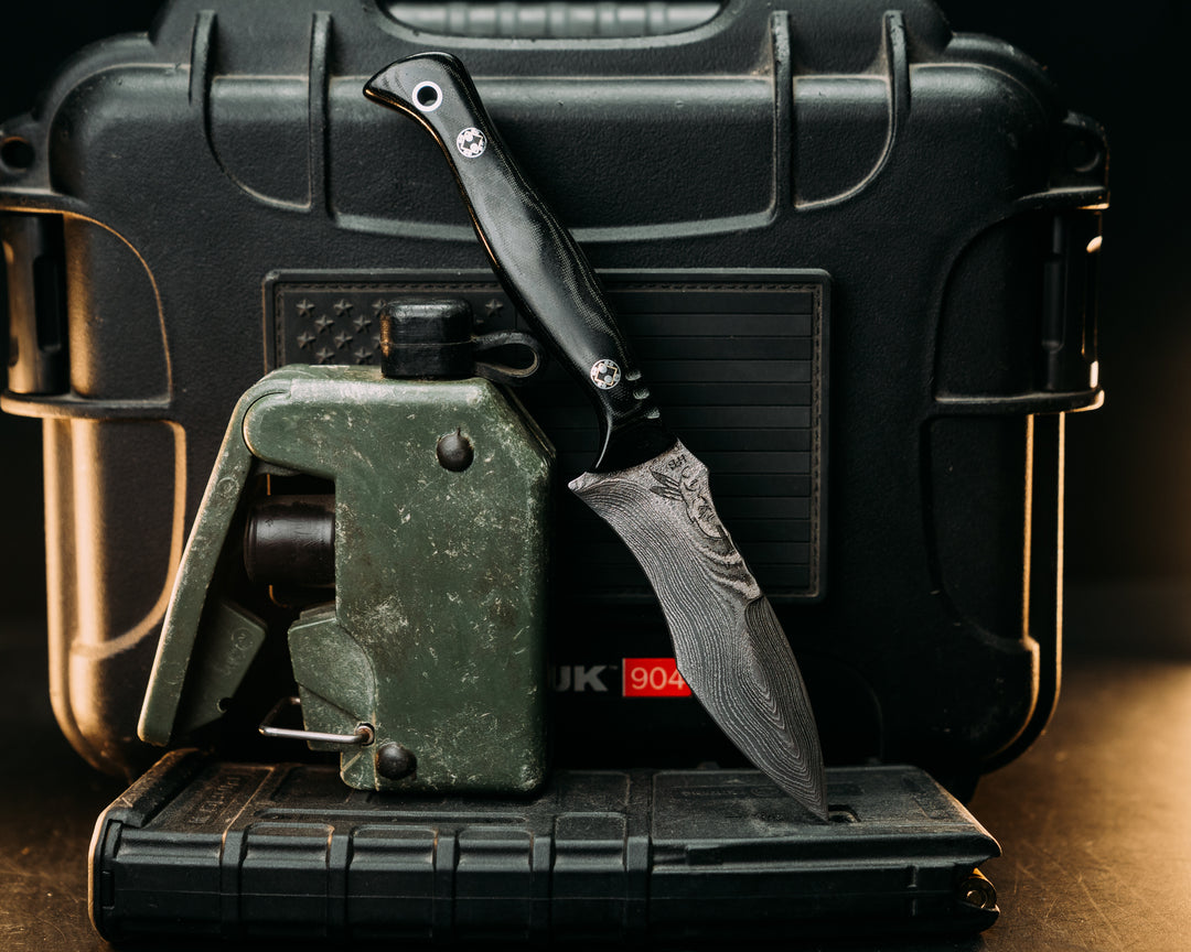 Extremis- Old Stock Damascus- Black Damascus Micarta, Mosaic Pins, Textured Grip