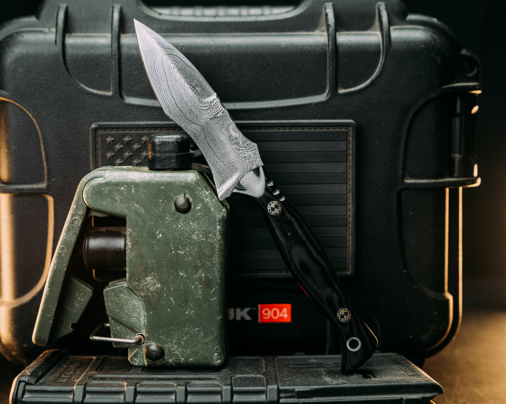 Extremis- Old Stock Damascus- Black Damascus Micarta, Mosaic Pins, Textured Grip