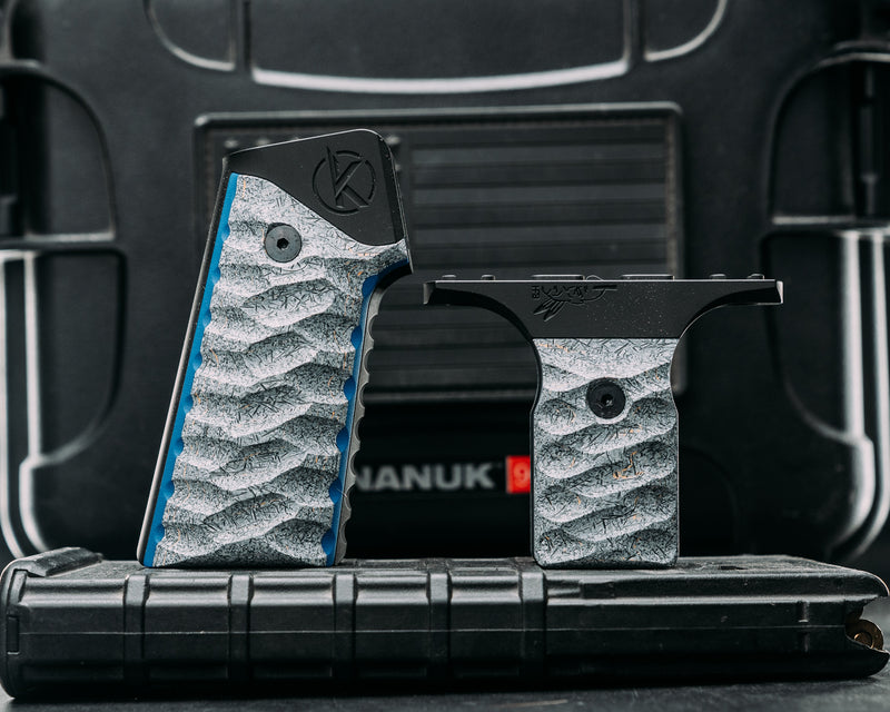 HFB x Kinetic AR Grip System SET - Shredded Carbon on Blue G10, Cerakote Armor Black Frames, Snake Textured Grip