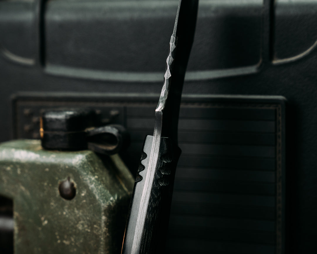 Extremis- Old Stock Damascus- Black Damascus Micarta, Mosaic Pins, Textured Grip