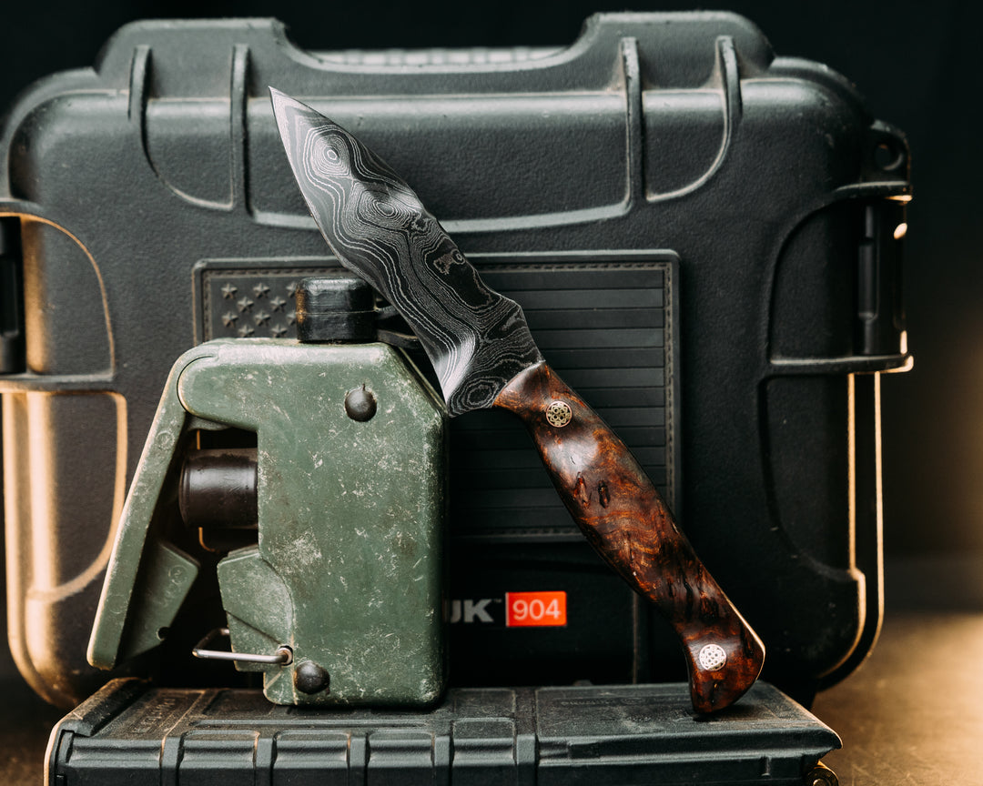 Extremis- Old Stock Damascus- Asian Mahogany, Mosaic Pins, Textured Grip