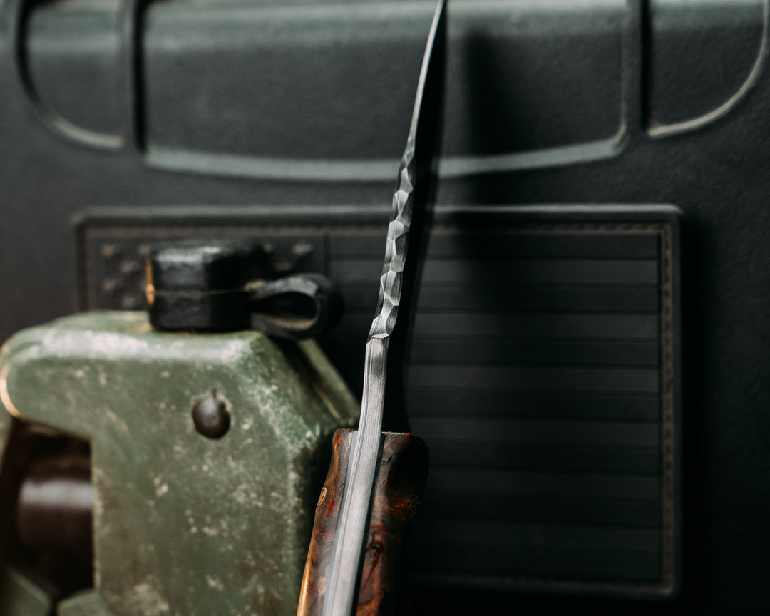 Extremis- Old Stock Damascus- Asian Mahogany, Mosaic Pins, Textured Grip