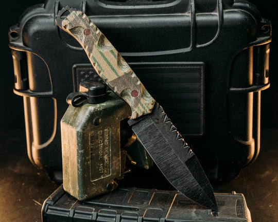 Hog Hunt- WWII German Splinter Camouflage Micarta, Brown Micarta Pins, Textured Grip