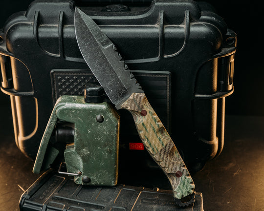Hog Hunt- WWII German Splinter Camouflage Micarta, Brown Micarta Pins, Textured Grip