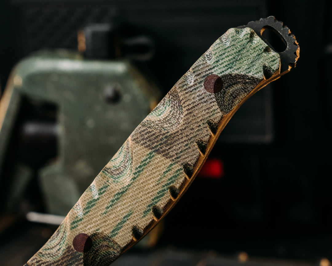 Hog Hunt- WWII German Splinter Camouflage Micarta, Brown Micarta Pins, Textured Grip