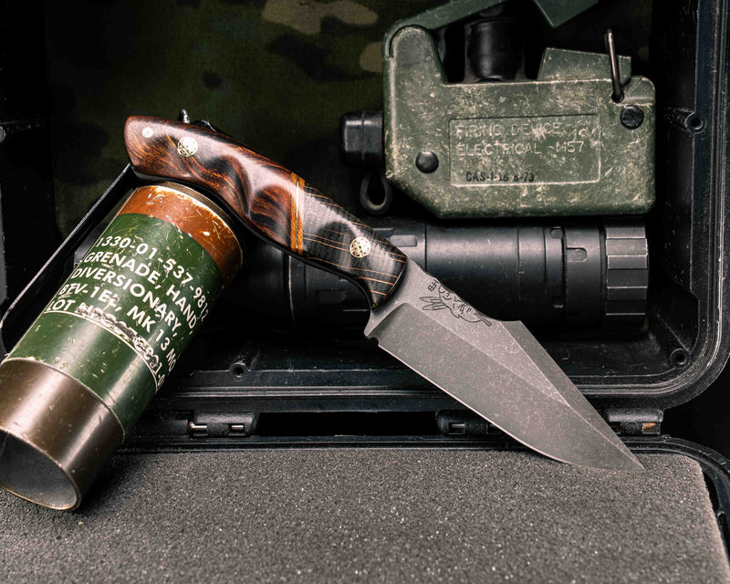 Widow Maker JR- Dyed White Oak, Natural Canvas Micarta and Brass Split, Desert Ironwood, Mosaic Pins, Textured Grip