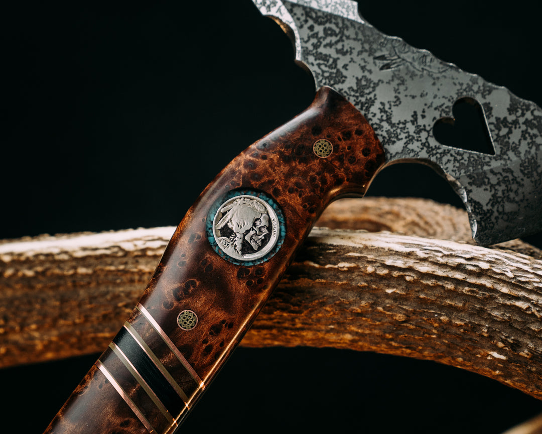 Bleeding Heart Hawk- Redwood Burl, 1937 Warrior Skull Buffalo Nickel Over Crushed Turquoise Tru-stone in Glow Resin, Copper and OD Green G10 Pin Striping, Redwood Burl, and Black Canvas Micarta Split, Mosaic Pins, Smooth Grip
