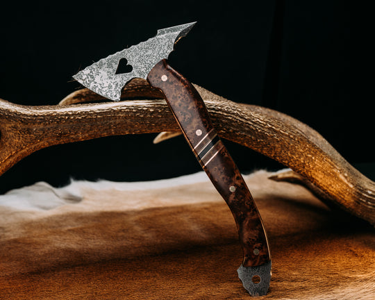 Bleeding Heart Hawk- Redwood Burl, 1937 Warrior Skull Buffalo Nickel Over Crushed Turquoise Tru-stone in Glow Resin, Copper and OD Green G10 Pin Striping, Redwood Burl, and Black Canvas Micarta Split, Mosaic Pins, Smooth Grip
