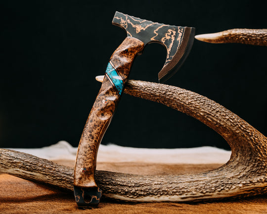Mini Viking Hawk- Baker Forge Random Pattern CopperMai NiShim- Black Ash Burl, Black G10 and Copper Pin Striping, Turquoise with Copper Web Tru-stone Split, Copper Patriot Mosaic Pins, Textured Grip