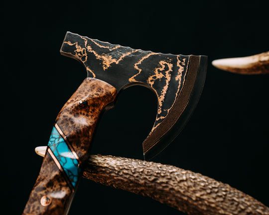 Mini Viking Hawk- Baker Forge Random Pattern CopperMai NiShim- Black Ash Burl, Black G10 and Copper Pin Striping, Turquoise with Copper Web Tru-stone Split, Copper Patriot Mosaic Pins, Textured Grip