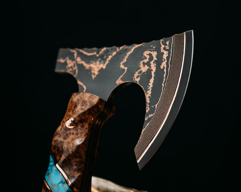 Mini Viking Hawk- Baker Forge Random Pattern CopperMai NiShim- Black Ash Burl, Black G10 and Copper Pin Striping, Turquoise with Copper Web Tru-stone Split, Copper Patriot Mosaic Pins, Textured Grip