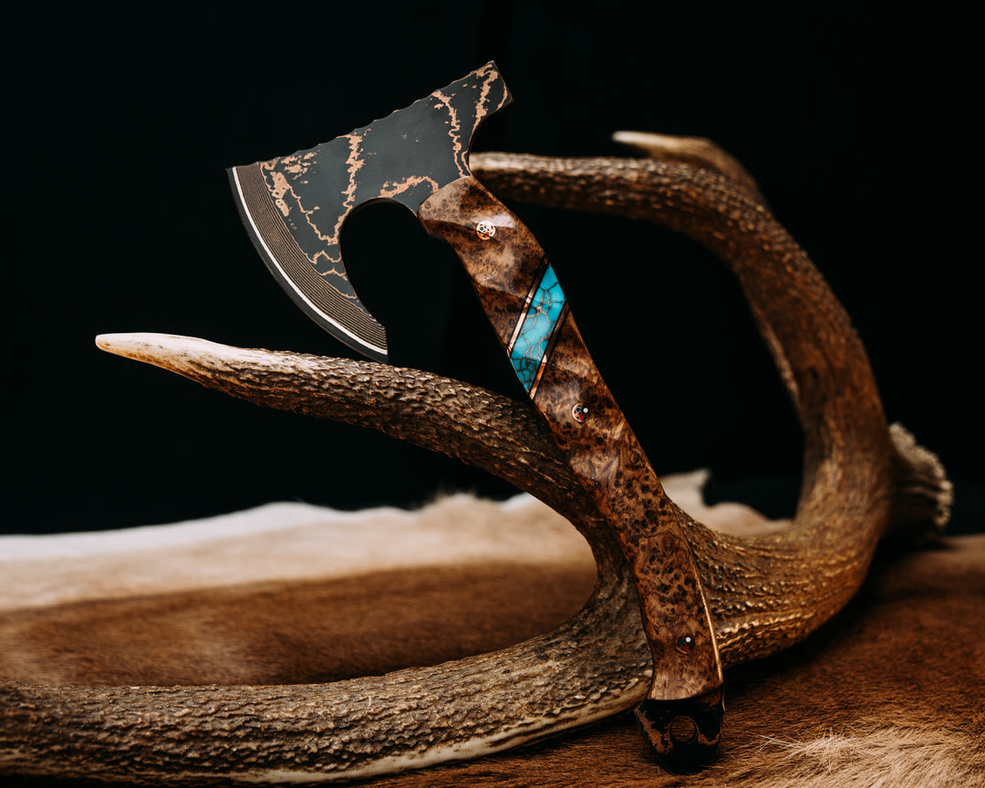 Mini Viking Hawk- Baker Forge Random Pattern CopperMai NiShim- Black Ash Burl, Black G10 and Copper Pin Striping, Turquoise with Copper Web Tru-stone Split, Copper Patriot Mosaic Pins, Textured Grip