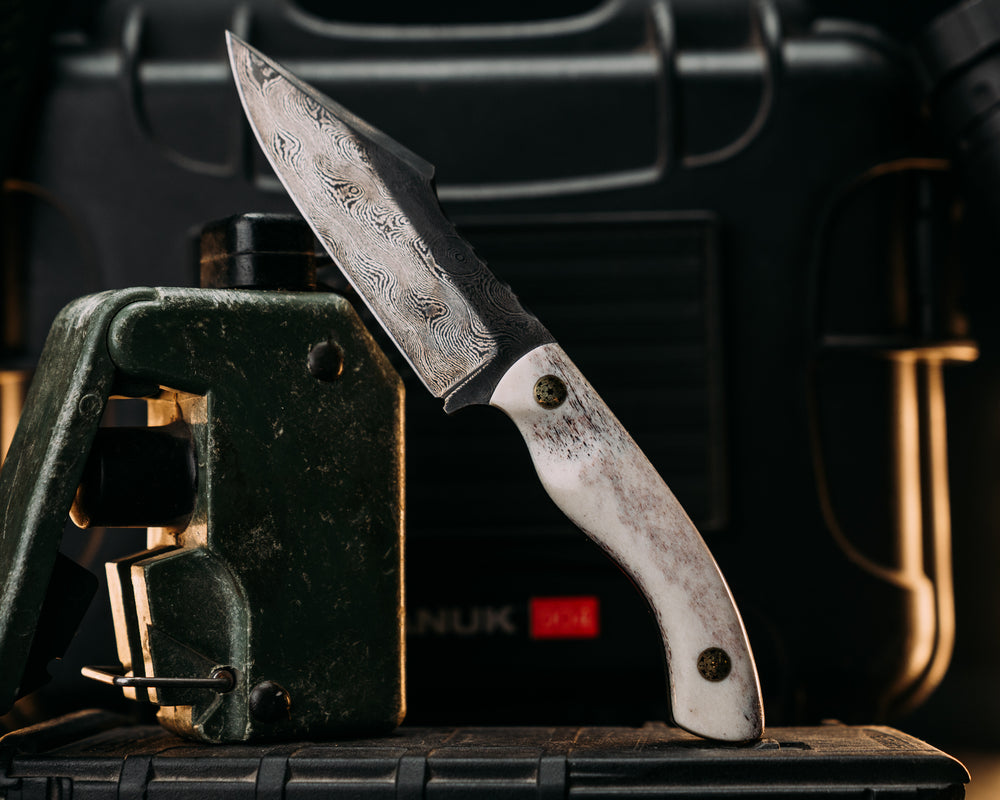 Widow Maker Jr- Baker Forge Raindrop Pattern Damascus- Elk Antler, Brass Mosaic Pins, Textured Grip