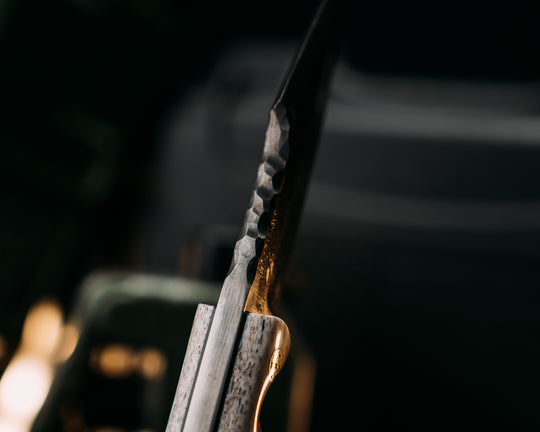 Widow Maker Jr- Baker Forge Raindrop Pattern Damascus- Elk Antler, Brass Mosaic Pins, Textured Grip