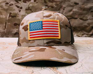 Arid camo mesh snap back, American flag patch