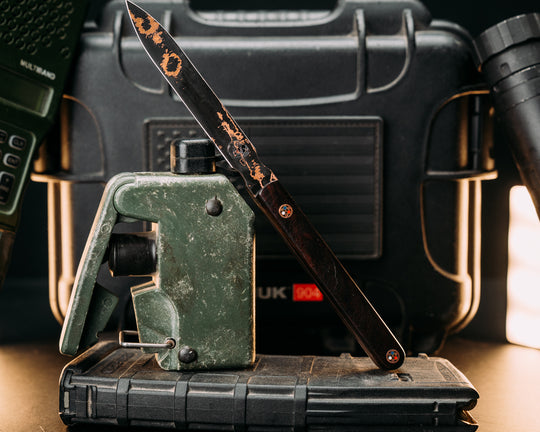 OSS Spike- Baker Forge Random Pattern Damascus- Desert Ironwood, Copper Patriot Mosaic Pins, Smooth Grip
