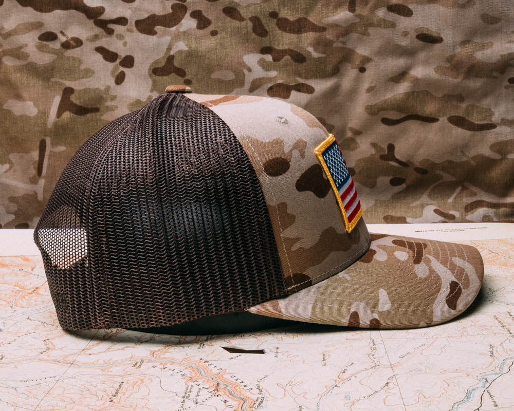 Arid camo mesh snap back, American flag patch